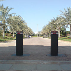 fixed bollards grey anthracite positioned at the entrance of a museum