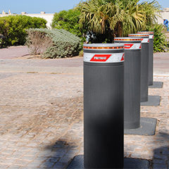 high security electromechanical bollards located in front of a palace to protect a sensitive area from possible attacks